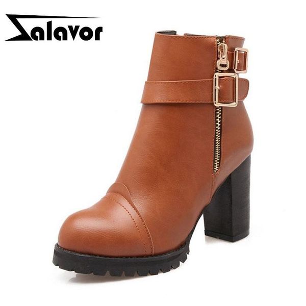 

boots zalavor punk ankle women big size 32-46 winter fashion buckle zipper high heels shoes casual platform, Black