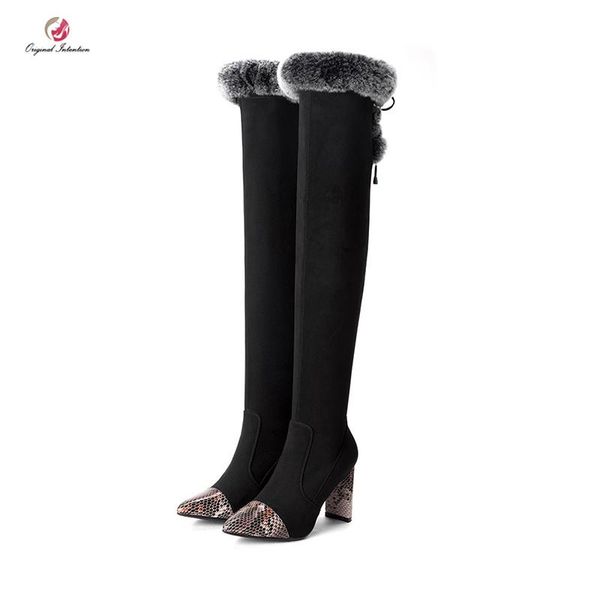 

boots original intention winter women over-the-knee long sequins pointed toe heel black faux fur hole warm
