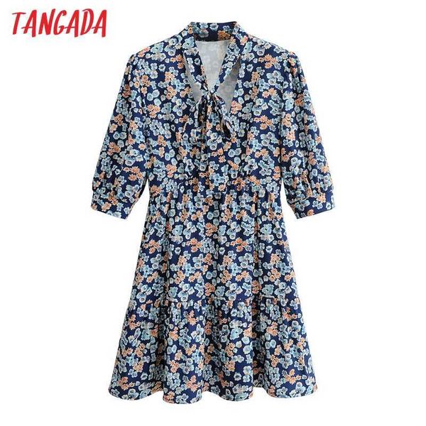 

tangada fashion women blue flowers print bow neck dress short sleeve ladies mini dress 1f112 210609, Black;gray