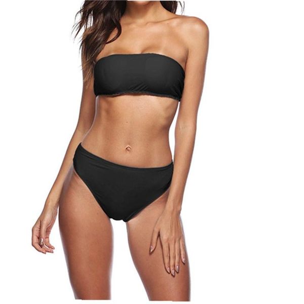

one-piece suits swimsuit bandeau push up bikini set solid color swimwear strapless bra beach bathing for women lady