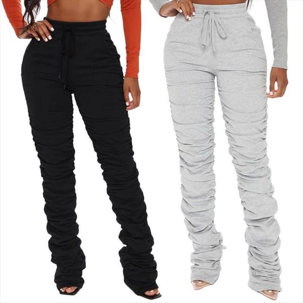 

drawstring casual extra long gray women leggings pants stacked sweatpants skinny flare pleated trousers, Black