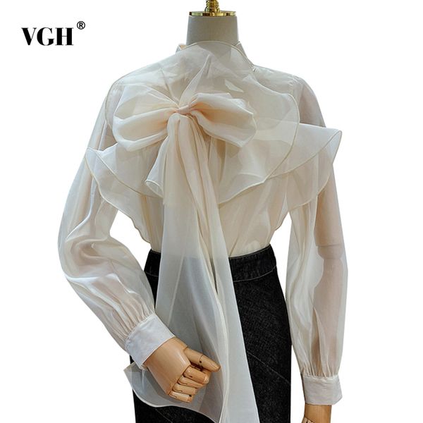 

vgh blue perspective bowknot shirts for women stand collar long sleeve patchwork ruffles casual blouses female summer style 210421, White