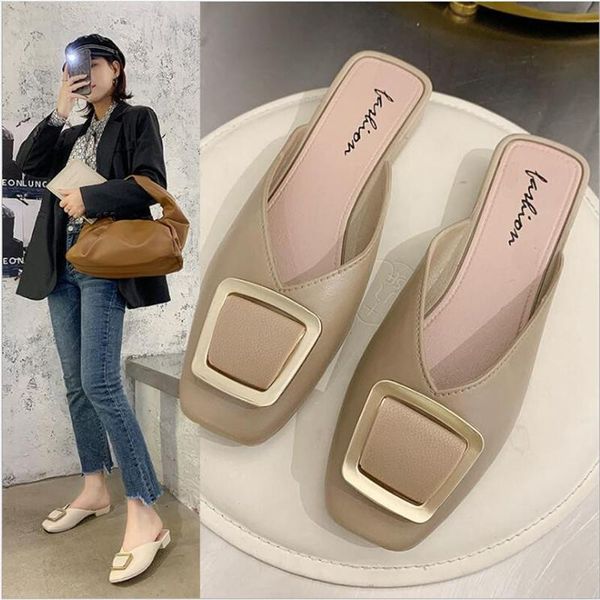 

baotou half slippers women's fashion outer wear 2021 spring and autumn flat heel buckle square head lazy, Black