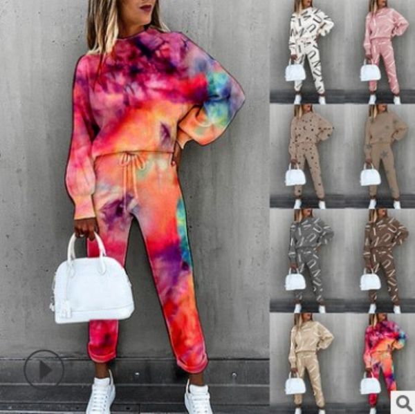 

pants spot 2021 european american women's tie-dye printing high-neck long-sleeved fashion casual suit, White