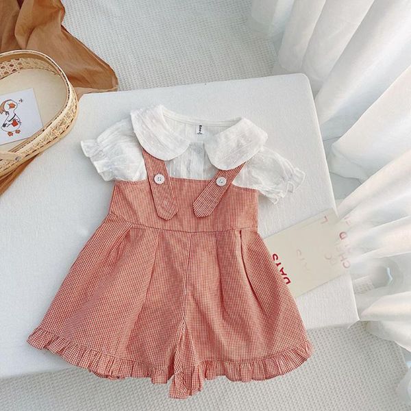 

casual girls kids princess 2pcs clothes set children baby infants short sleeve shirts+plaided ruffle overall pants s12331 clothing sets, White