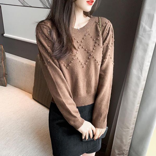 

lady french style 2021 dot long-sleeved round neck sweater solid color pullover women's short knitted irregular sweaters, White;black