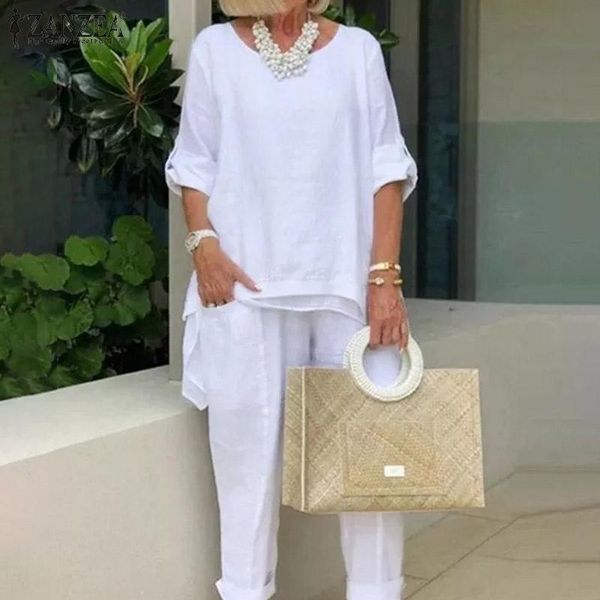 

women's two piece pants elastic waist loose wide leg side pockets set 2022 autumn woman fashion casual 2pcs suit full sleeve o-neck s, White