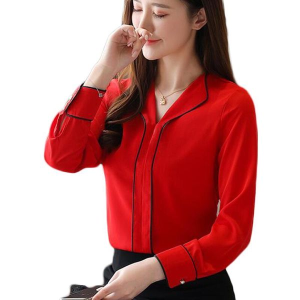 

women's blouses & shirts women 2021 long sleeve turn-down collar ol office chiffon blouse casual plus size camisas mujer, White