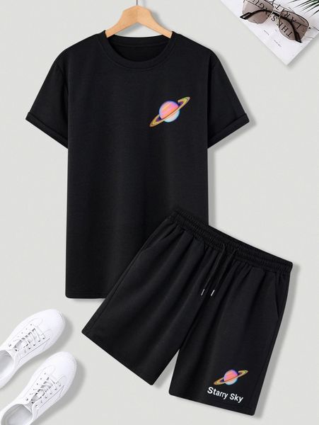 

men planet print tee & letter graphic drawstring waist shorts k0ss#, Gray