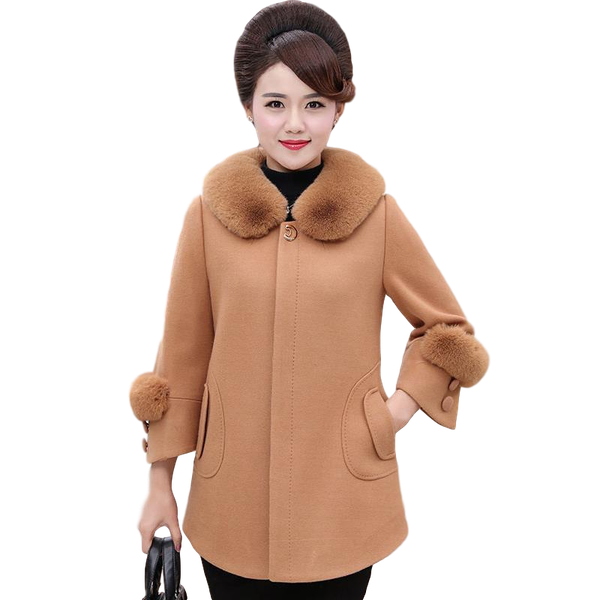 

women's wool & blends large size clothing doll collar outwear spring fall middle-aged lady woolen coat gross short jackets add velvet, Black