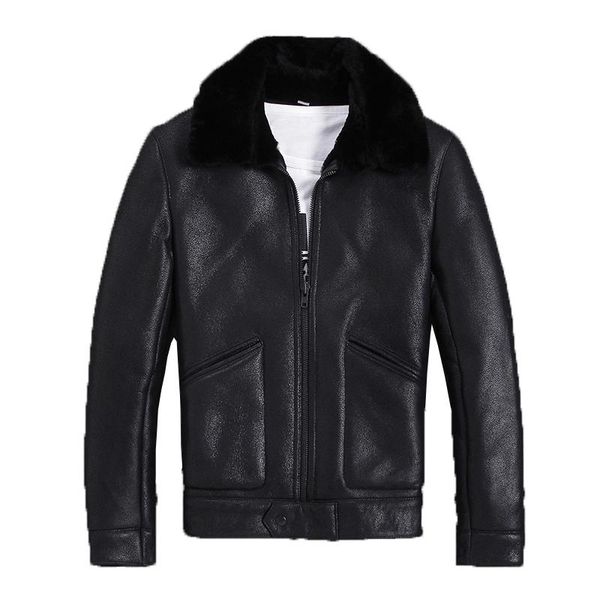

men's leather & faux genuine sheepskin jacket men autumn winter real wool fur coat bomber shearling jackets m-s-n-7 kj1315, Black