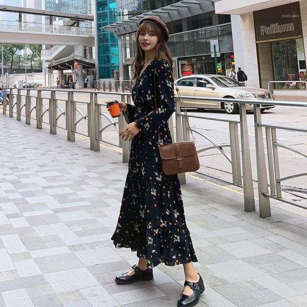 

balck floral print maxi dress women boho long flare sleeve v neck high waist casual slim fit robe korean style 2021 dresses, Black;gray