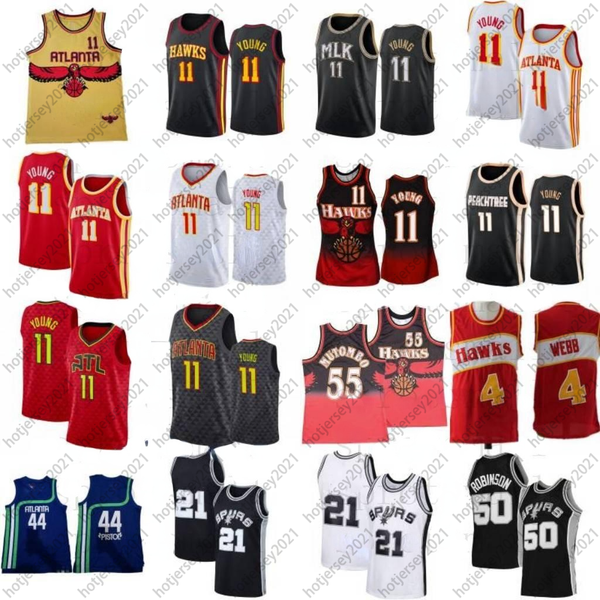 

11 trae young basketball jerseys mens 55 dikembe mutombo 44 pete maravich 50 david robinson retro shirt size s-2xl, Black;red