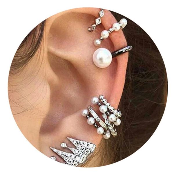 

classic stud earrings circle crown imitation pearl silver metal cuff earring set ear clip women fashion boho jewelry, Golden;silver