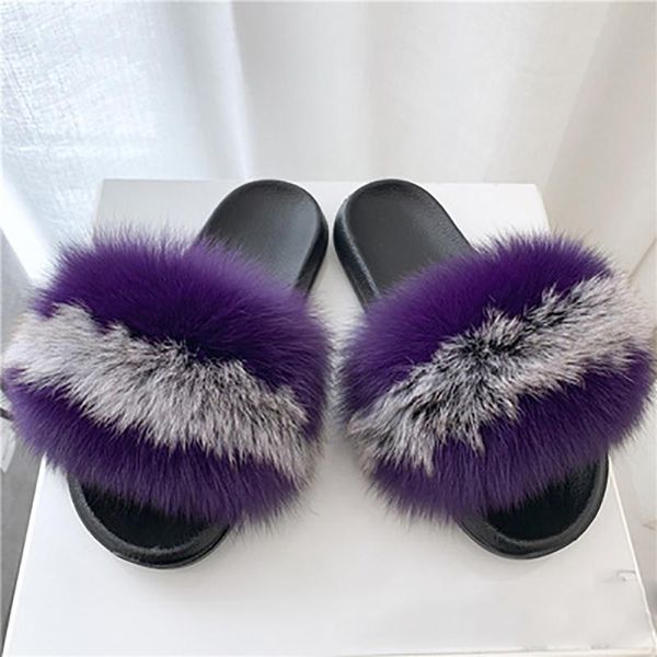 

slippers plush women slides fur furry real summer ladies sandals flip flops fashion beach shoes, Black