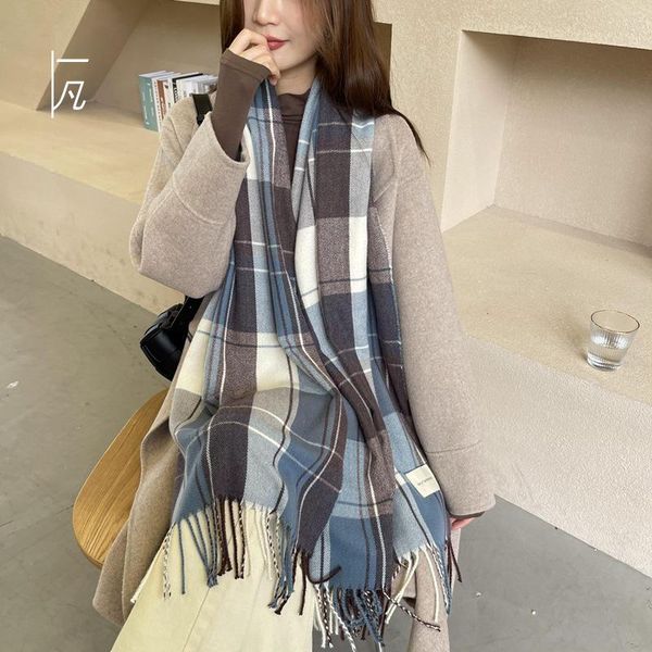 

hats, scarves & gloves sets luxury 2021 plaid casual and versatile brand long scarf shawl autumn winter color combination grid, Blue;gray