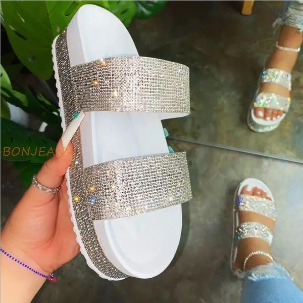 

rhinestone slippers slides mules femme heels women bling sliders wholesale luxury sandals thick sole claquette fourrure, Black