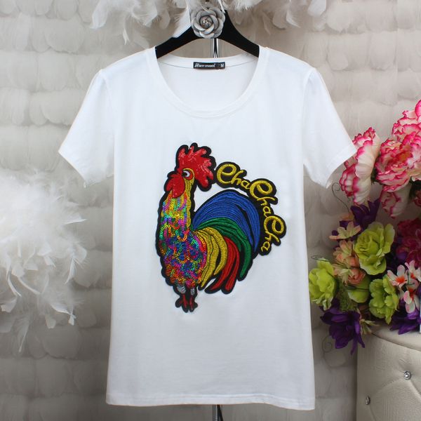 

t-shirt 2020 summer women's zodiac rooster pattern sequin embroidery short sleeve t-shirt undergarment student fashion, White