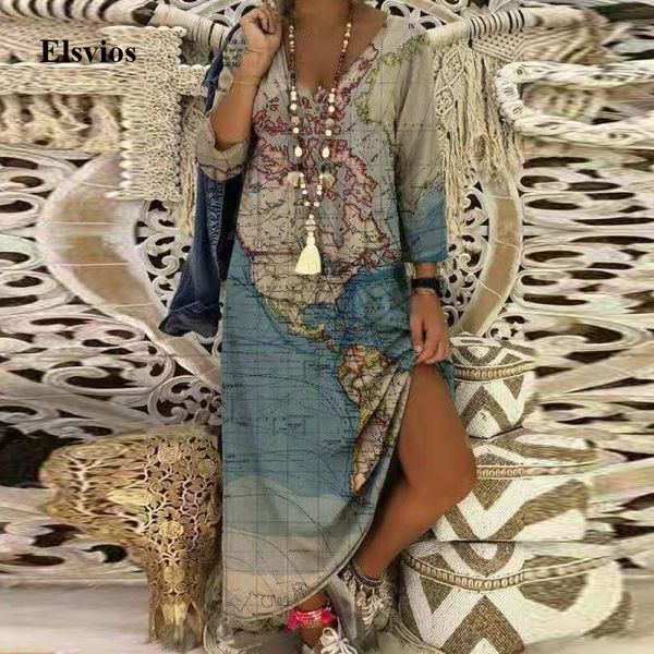 

casual women v-neck loose long dress spring vintage earth maps print party dress fashion elegant long sleeve maxi dress vestidos, Black;gray