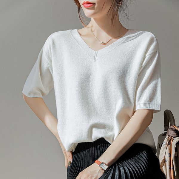 

sweaters 2021 brand designer v-neck loose soft women's 100% pure wool sweater short sleeve pullovers female fashion knitted jumpers, White;black