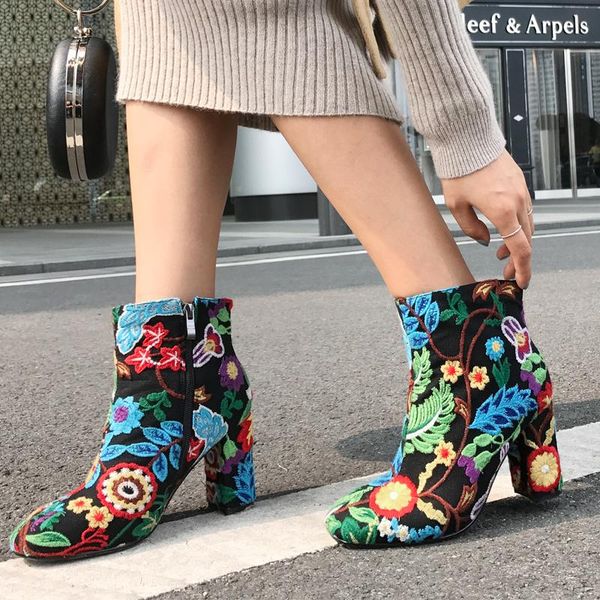 

boots us4-11 womens floral embroidered crystal dimante court ankle side zip chunky high heel suede leather shoes plus s, Black
