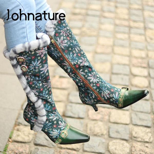 

boots johnature long women shoes genuine leather pointed toe patchwork lace 2021 handmade thin heels concise sewing, Black