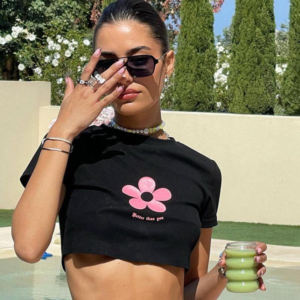 

women's t-shirt floral print slim crop streetwear o-neck graphic baby tees 2021 summer short sleeve black t-shirts, White