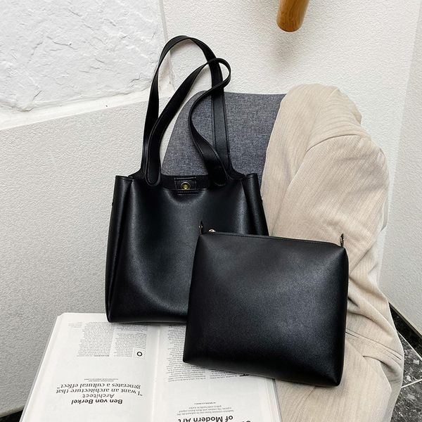 

2pcs women shoulder bag 2021solid colour pu leather ladies fashion purses and handbag female large capacity travel tote shopping
