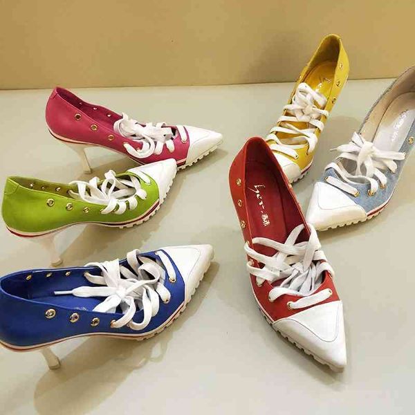 

dress shoes princess pumps european station spring korean version candy color pointed shallow high heel 7.5cm cross-tied girl's f2, Black