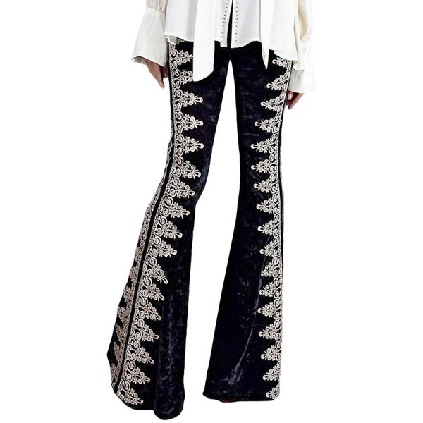 

women's pants & capris fall/winter european and american trousers velvet high waist unique embroidery slim flared, Black;white