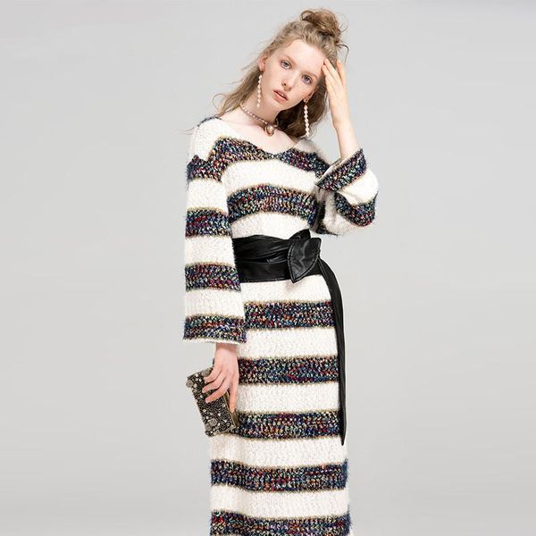 

casual dresses women luxurious sweater dress winter clothes 2021 fashion striped long sleeve knitted pretty mid length, Black;gray