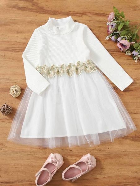 

toddler girls mock neck floral embroidery contrast mesh dress she, Red;yellow