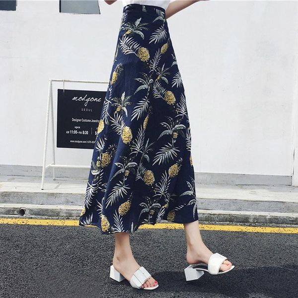 

skirts women long maxi chiffon skirt print prom gown beach boho high waist summer fashion casual goldfish pineapple design chic, Black