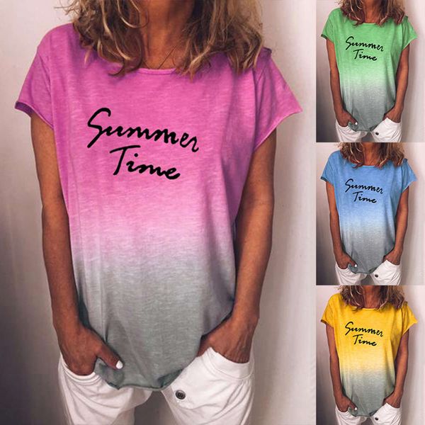 

women's t-shirt spring and summer loose rainbow gradient english alphabet printed round neck short sleeve rc28, White