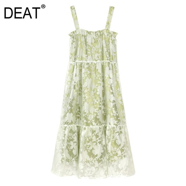 

[deat] summer new fashion tide high waist sleeveless sling knee-length printing net yarn loose elegant dress women 13q075 210430, Black;gray