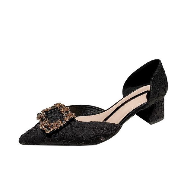 

sandals leisure women's pointy toe chuncky heels shallow pumps satin square rhinestone buckle summer elagant ladies concise shoes, Black