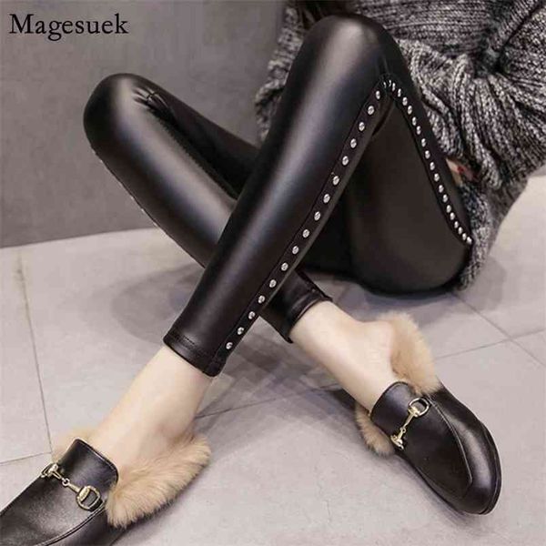 

winter thicken warm velvet women pants slim pu leather rivets pencil plus size ladies skinny z0002 40 210512, Black;white