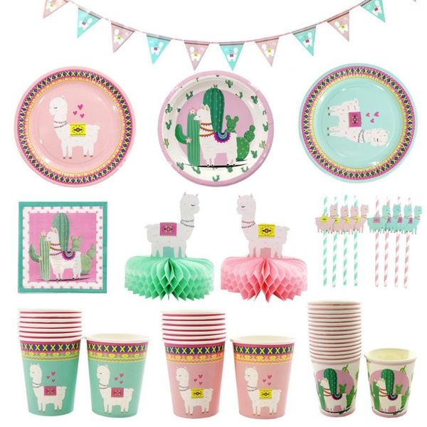 

party decoration llama alpaca disposable tableware supplies paper plates cups napkins animal happy birthday for kids