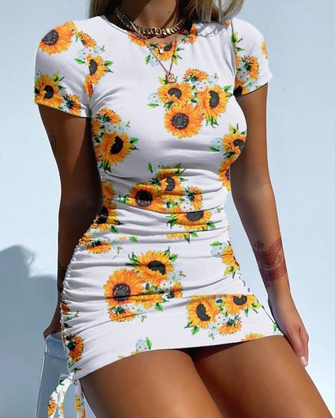 

style slim sheath short women dress young sunflower mini summer dyeing drawstring, Black;gray