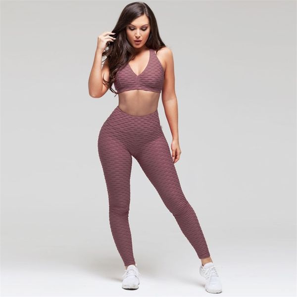 

2 piece gym sport set women fitness clothing yoga long pant and sport bra r back jacquard push up high waist stretchy t200617, Gray