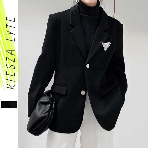 

women woollen coat jacket with brooch solid simple all-match minimalist woolen black loose blazer coats outwear 210608
