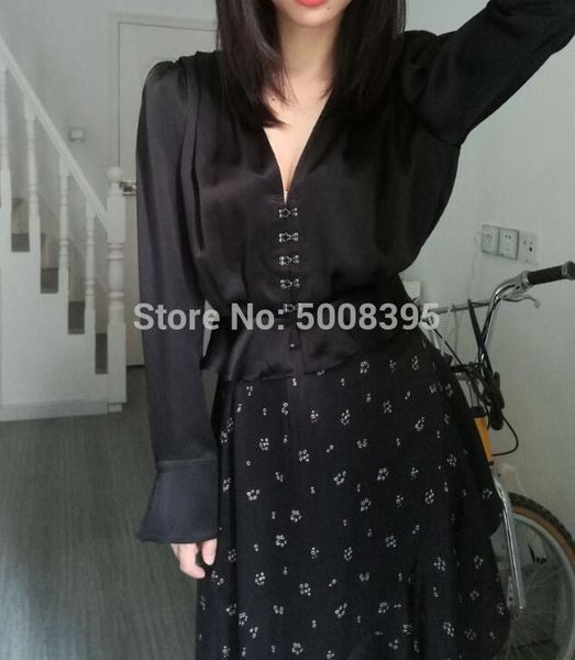 

[elfstyle] - black satin silk shirt blouse v-neck ruffled hem short long puff sleeves woman women's blouses & shirts, White