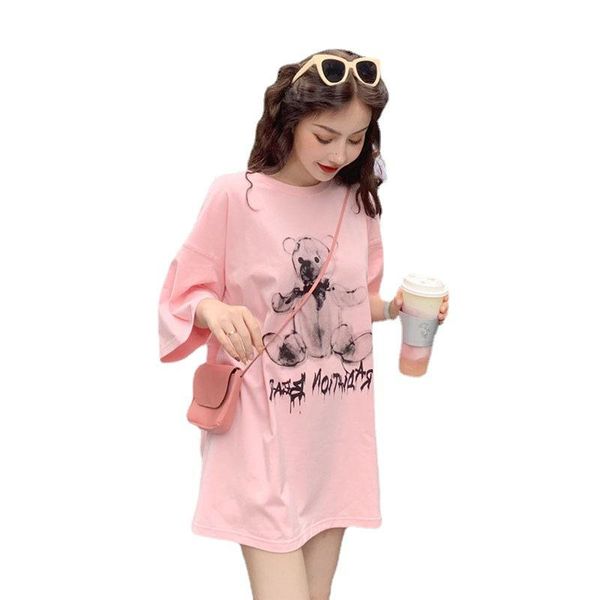 

women's t-shirt summer of 2021 the european fashion pure cotton printed long ink bear short sleeve easing woman, White