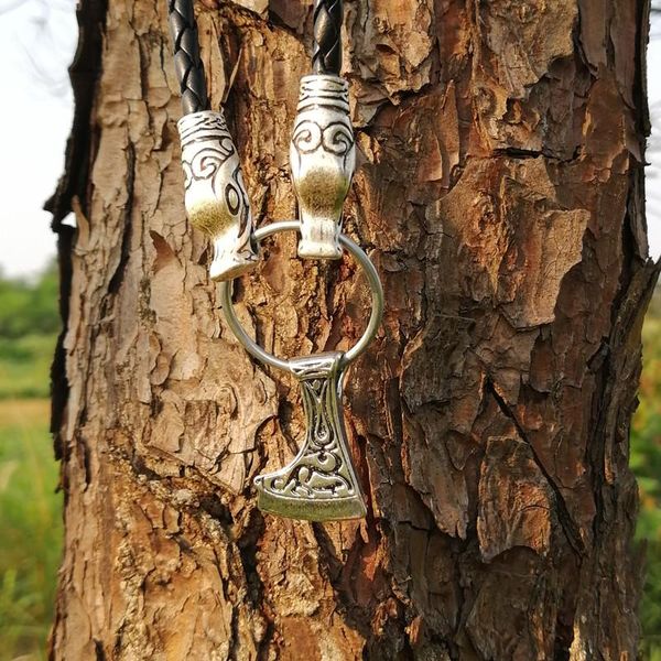 

pendant necklaces wolf head with perun's axe deer leather necklace viking norse men drop, Silver