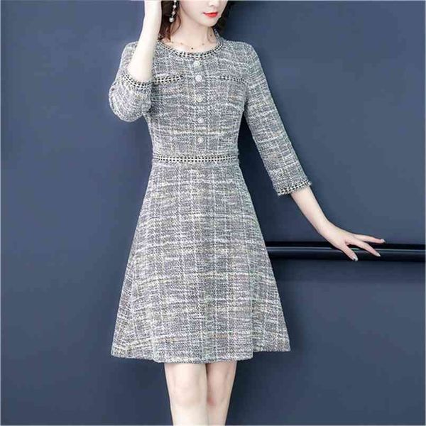 

dresses for women vintage elegant tweed dress ladies slim three quarter sleeve fashion plaid dresses 210520, Black;gray