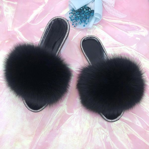 

slippers summer female sliders with fur for home rhinestone black jelly sandals 2021 girl luxury raccoon flip-flops beach