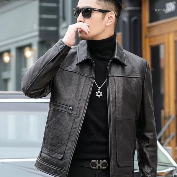 

men's fur & faux the 2021 haining leather locomotive short man first layer suede jackets recreational coat lapels, Black