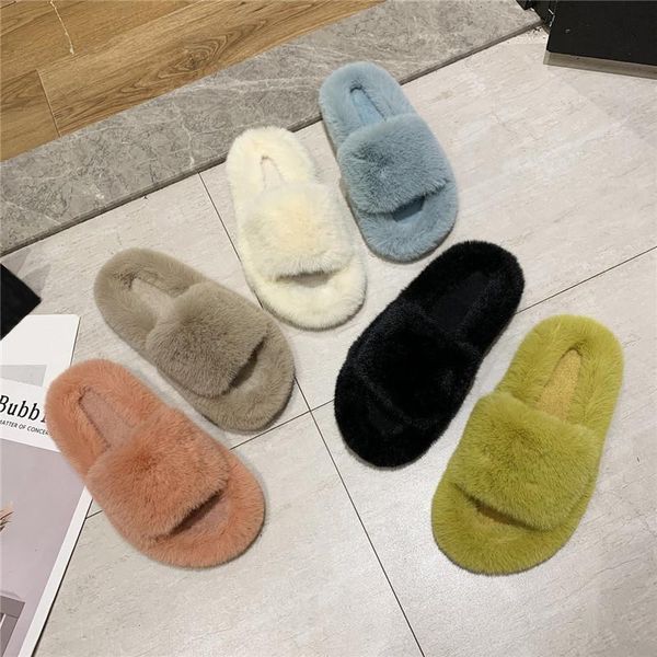 

slippers woman winter shoes for women platform home faux fur warm 3cm heel female slides plus size 42, Black