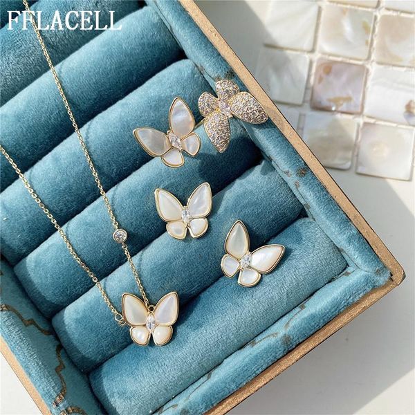 

earrings & necklace fflacell chic fashion jewelry opal shell rhinestone fritillary butterfly rings opening adjustable choker, Silver
