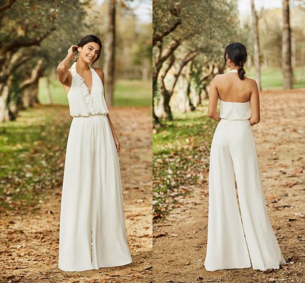 

bohemian wedding jumpsuit halter chiffon ankle length simple beach wedding dress pants suit summer robes de mariÃ©e, White